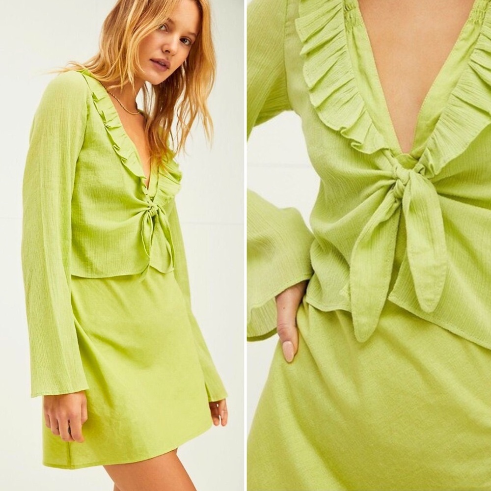 Free People Lisette Light Green Ruffle Tie-Front Cardigan Top Women’s Size XS